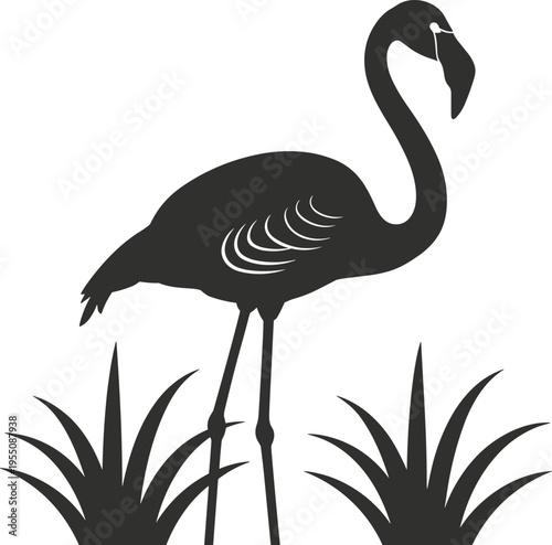 Black Silhouette of a Flamingo Standing in Grass bird
