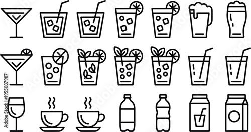 Black Line Art Various Drinks and Beverages Icons