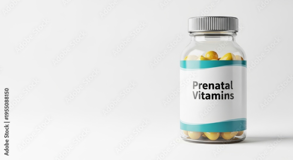 Obraz premium Prenatal vitamins bottle against white background