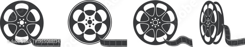 Four Film Reels with Film Strips on White Background