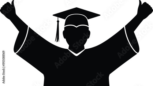Graduate Celebrating with Arms Raised in Black Silhouette