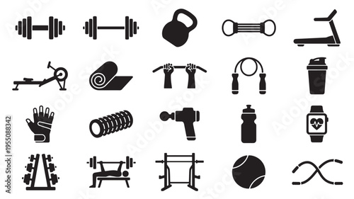Assortment of black and white fitness equipment icons provides various workout tools for training programs.