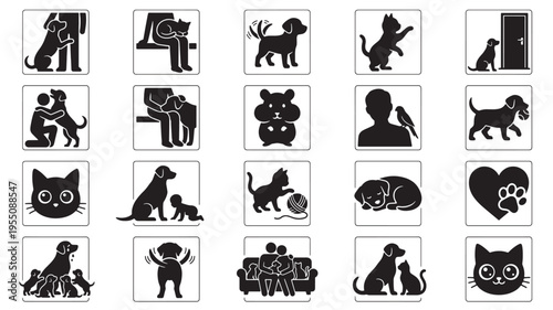 A grid displays numerous simple black silhouette icons illustrating different interactions between people and their companion animals, including care and affection.