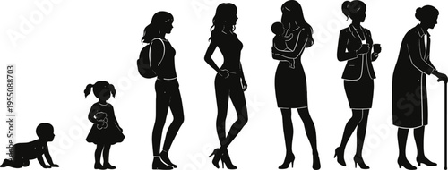 Set of female silhouettes showing aging process from baby to elderly woman representing life cycle growth and human development stages
