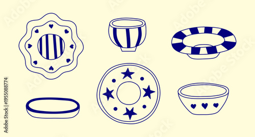 Set of lovely plates and bowls in Mediterranean line art style isolated on pastel background. Minimalist kitchenware and tableware utensils with stars and hearts. Cute striped ceramic dinnerware.