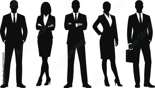 Set of diverse business people silhouettes wearing formal suits standing in confident poses for corporate team leadership and career concept