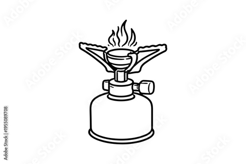 A line drawing of a portable camping stove with a flame burning on top