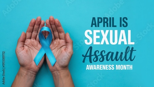 Sexual Assault Awareness Month Banner for April with Teal Ribbon in Hands over Blue Background for Social Media Marketing and Public Service