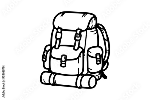 A line drawing of a hiking backpack with sleeping bag