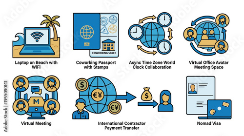 Digital nomad and remote work icons for global virtual office