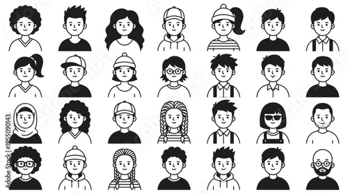 Diverse people avatar icon set featuring various hairstyles and accessories | Flat line art style vector illustration of young characters