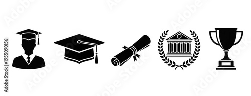 Set of black graduation icons including a graduate, mortarboard cap, diploma scroll, university building, laurel wreath, and trophy cup in a simple graphic style