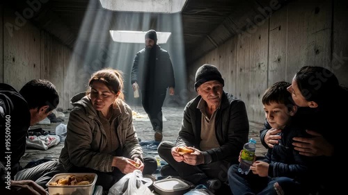 Poor family with child eating food in dark subway tunnel. People suffering from economic crisis and inflation gather for meal. Homeless shelter during recession.
