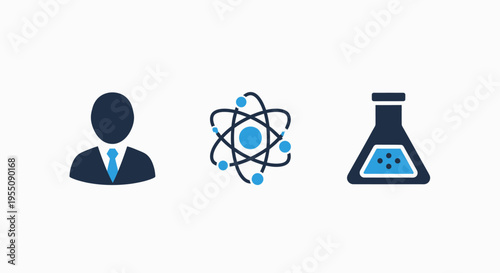 Business professional, atomic structure, and chemistry flask icon set: representing science, technology, and corporate research