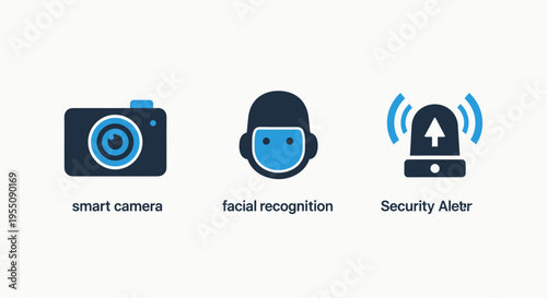 Smart home security system icon set: featuring camera surveillance, facial recognition, and alarm technology for safety