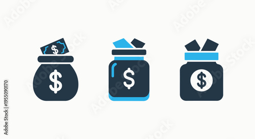 Financial savings and investment icon set: stylized money bags with dollar signs representing wealth and banking in minimalist flat design