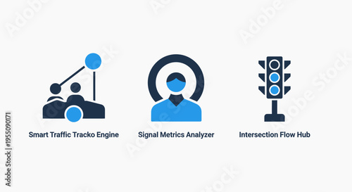 Smart city traffic management icon set: representing urban planning, signal analysis, and intersection flow systems