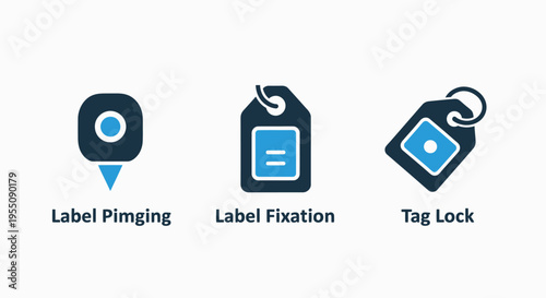 Location tagging and data identification icon set: featuring label pinging, fixation, and security lock concepts
