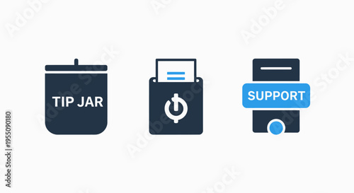 Customer support, tip jar, and print function icons for service-oriented business applications and digital payment solutions