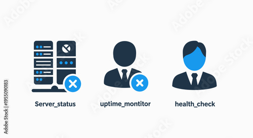It system status monitoring icon set: server error, uptime failure, and successful health check concepts in flat design