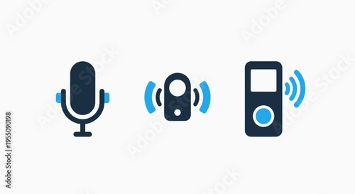 Audio recording, sound playback, and communication device icons for digital media, podcasting, and voice technology