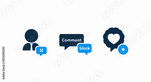 Social media interaction icons: user blocking, comment moderation, and digital engagement for online communities
