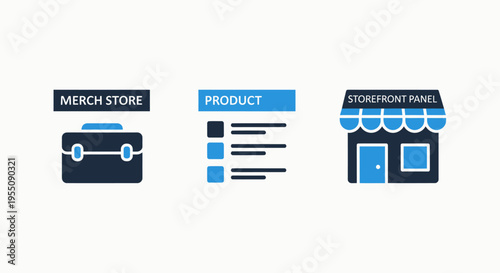 E-commerce retail shop icons: merchandise store, product inventory management, and online selling promotion symbols in flat design, e commerce