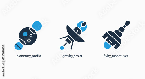 Space exploration icons: planetary probes, communication satellites, and rocket launch technology symbols for astronomy research, sci fi