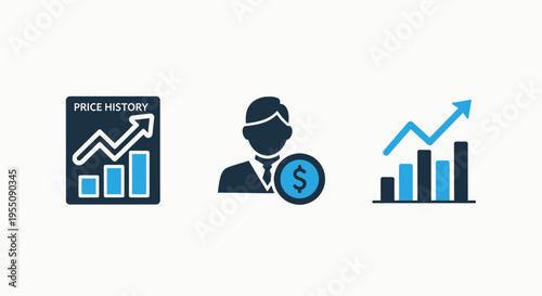 Financial growth icons: price history analysis, investment management, and positive business trend indicators in modern design