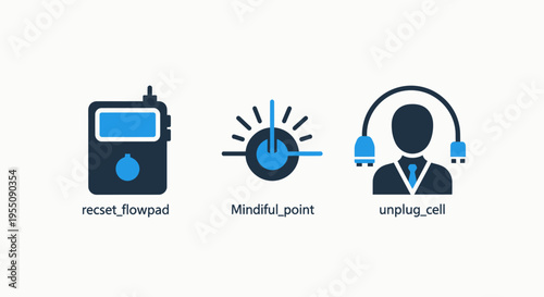 Modern digital communication and audio focus icons featuring walkie-talkie, mindfulness dial, and headphone user for technology concepts