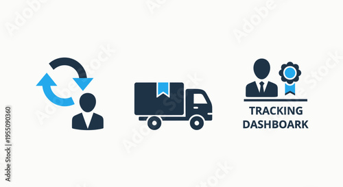 Logistics and customer tracking system icons with user refresh, delivery truck, and dashboard badge for business solutions