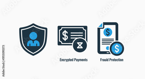 Digital security and financial protection icons featuring a shield, encrypted payments, and fraud document for online transactions