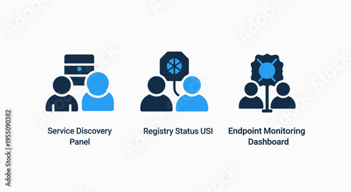 Network service management icons featuring user discovery, data registry, and endpoint monitoring for digital systems