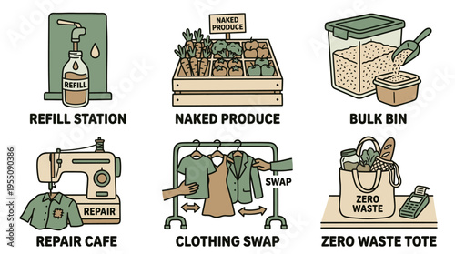 Zero waste lifestyle icons for sustainable living and eco-friendly practices