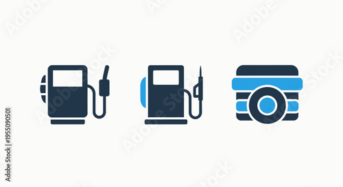 Collection of automotive and transportation icons featuring gas pumps for fueling and vehicle tires for travel