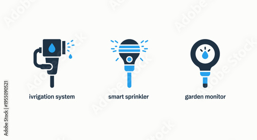 Modern agricultural and gardening technology vector icons set featuring smart irrigation systems, automated crop sprinklers, and digital garden monitoring solutions