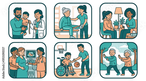 Healthcare and wellness services flat illustration set for medical concepts
