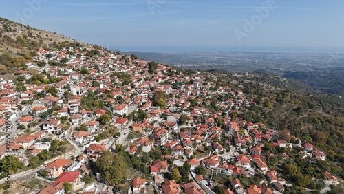 Aerial 4k view of the historic village of Rapsani on the slopes of Mount Olympus, Greece
