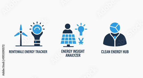 Renewable energy insight icons featuring a wind turbine with sun rays and a solar panel tracker with currency symbols representing a clean energy hub for sustainable power generation systems