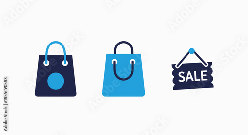 Retail shopping and commercial sales icons featuring paper carry bags and a hanging discount sign for boutique stores and e-commerce marketing promotions during seasonal consumer events