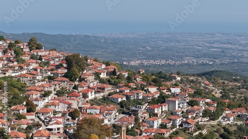 Aerial 4k view of the historic village of Rapsani on the slopes of Mount Olympus, Greece
