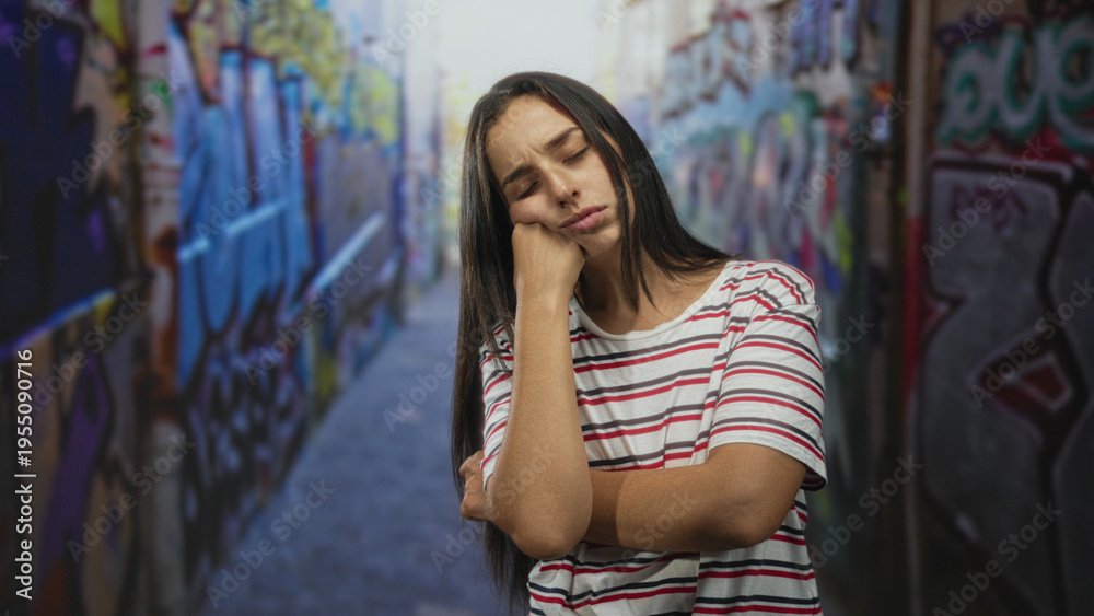 Naklejka premium Woman resting chin on fist in graffiti street alley, wearing striped tshirt with closed eyes and long hair, freckle visible; tired solitude.