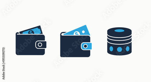 Fintech digital wallet icons showing money storage, electronic payments, and secure financial database management for banking, e-commerce, and business wealth tracking applications and finance