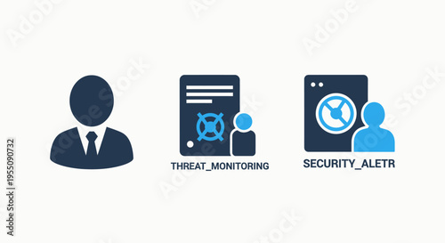Cyber security and threat monitoring icon set featuring user profile data protection and digital security alert symbols for information technology and network safety infrastructure