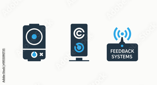 Technical feedback system icons for industrial automation including monitoring sensors, control hardware, and signal communication loops for system performance and measurement analysis tools