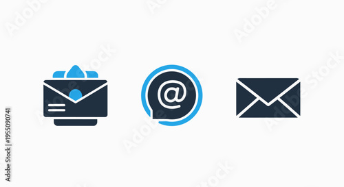 Digital communication and email messaging icon set with inbox notification at symbol and mail envelope graphics for business correspondence and online marketing newsletters