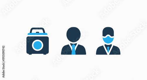 Business professional icons for health and safety featuring medical supply carrier and office worker wearing protective face mask for corporate wellness and pandemic protocol