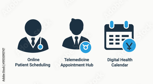 Telemedicine and digital health scheduling icons showing online patient appointment hub and medical calendar graphics for healthcare administration and remote clinic services