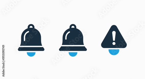 System notification and alert icons featuring ringing bell symbols and warning exclamation mark for interface design and digital application status updates