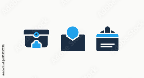Business document organization and identity management icons including user data folder and employee identification badge graphics for corporate security and office administration